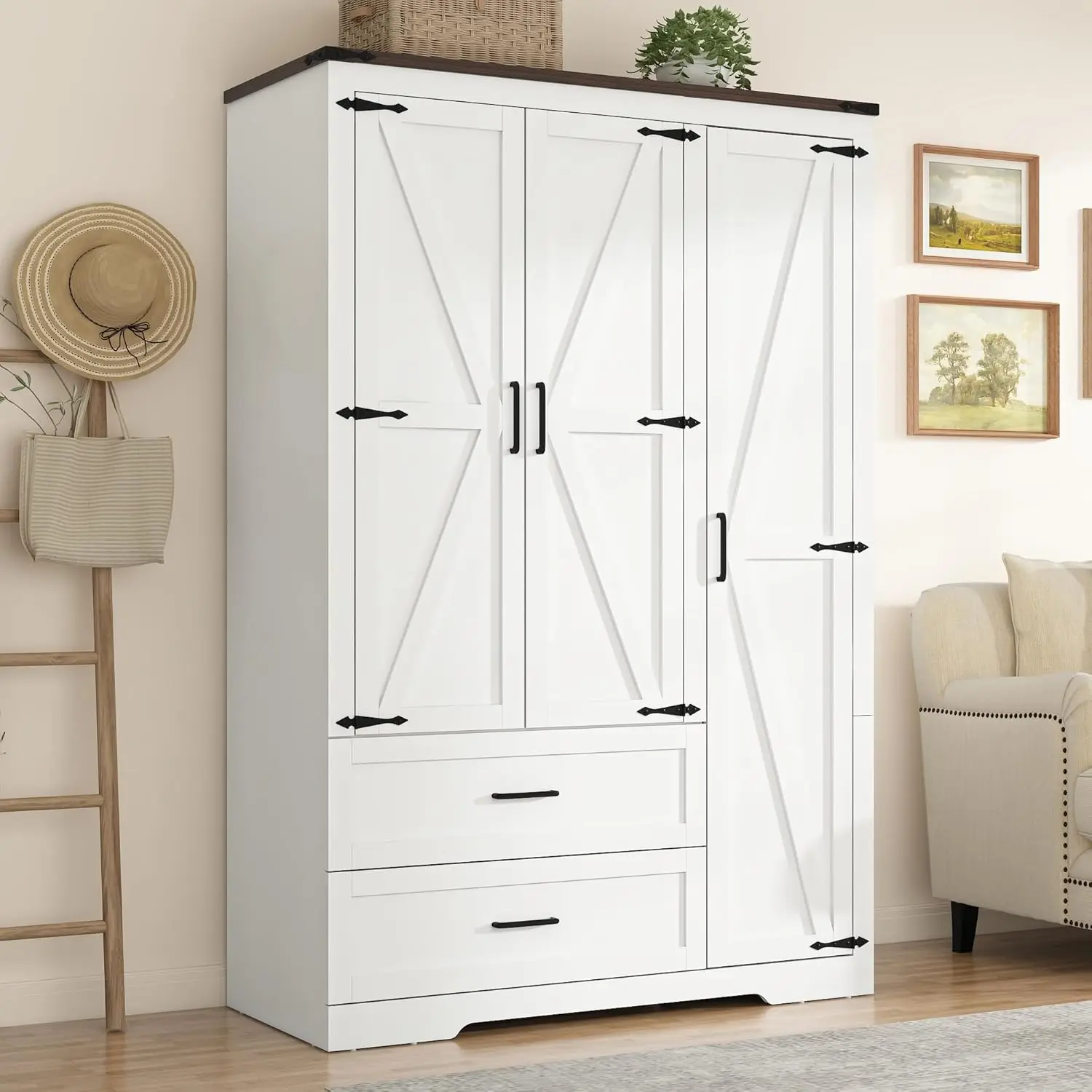 Farmhouse 3-Door Wardrobe with 2 Drawers & Spacious Storage - Image 1