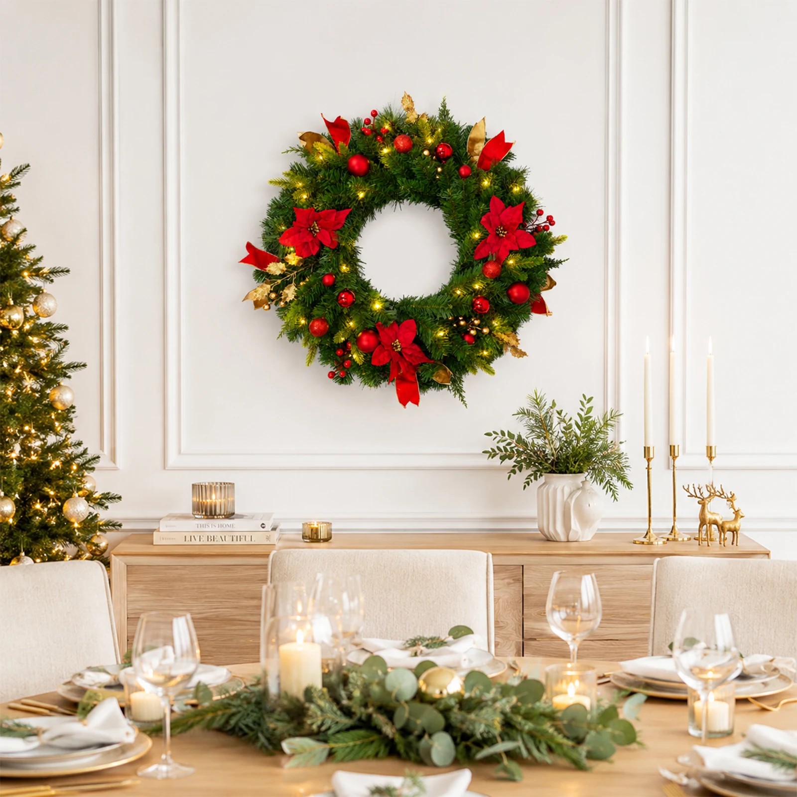 24" Lighted Christmas Wreath with Timer & Festive Décor - Image 1