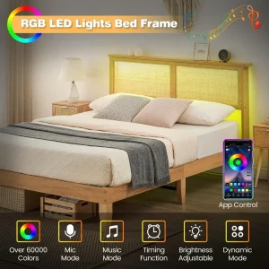 Queen Rattan Bed Frame with LED Lights & Boho Storage - Thumbnail Image 4