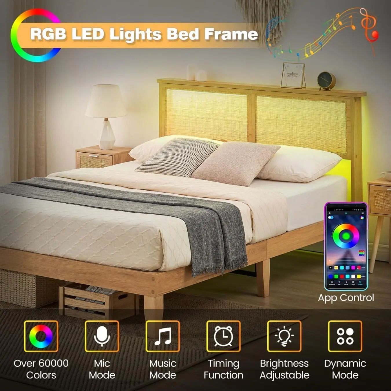 Queen Rattan Bed Frame with LED Lights & Boho Storage - Image 4
