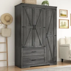 Farmhouse 3-Door Wardrobe with 2 Drawers & Spacious Storage - Thumbnail Image 4