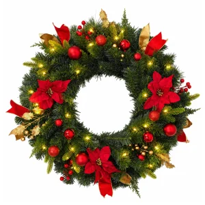 24" Lighted Christmas Wreath with Timer & Festive Décor - Thumbnail Image 2