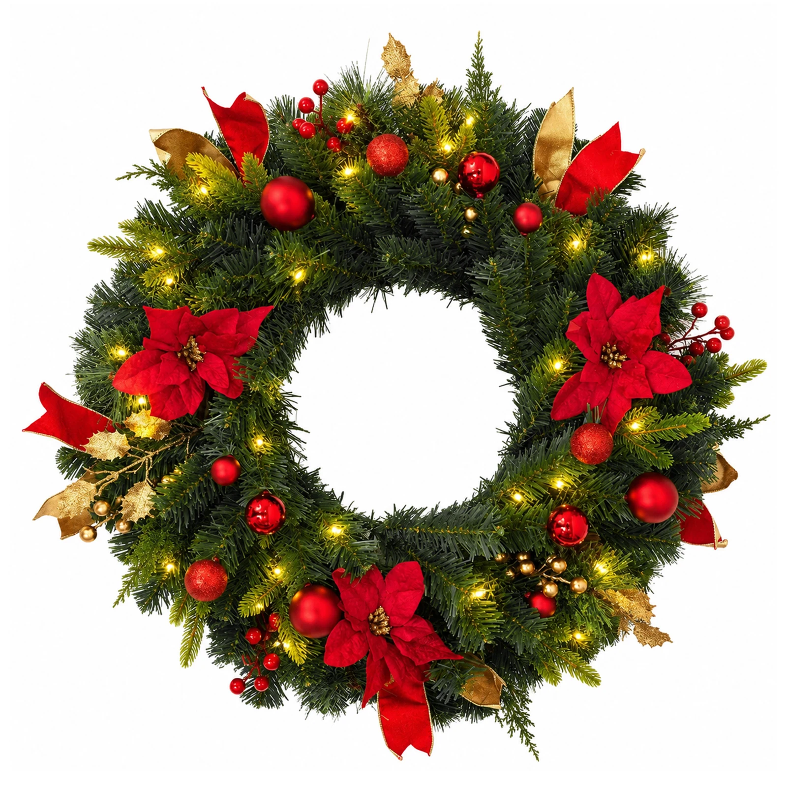 24" Lighted Christmas Wreath with Timer & Festive Décor - Image 2