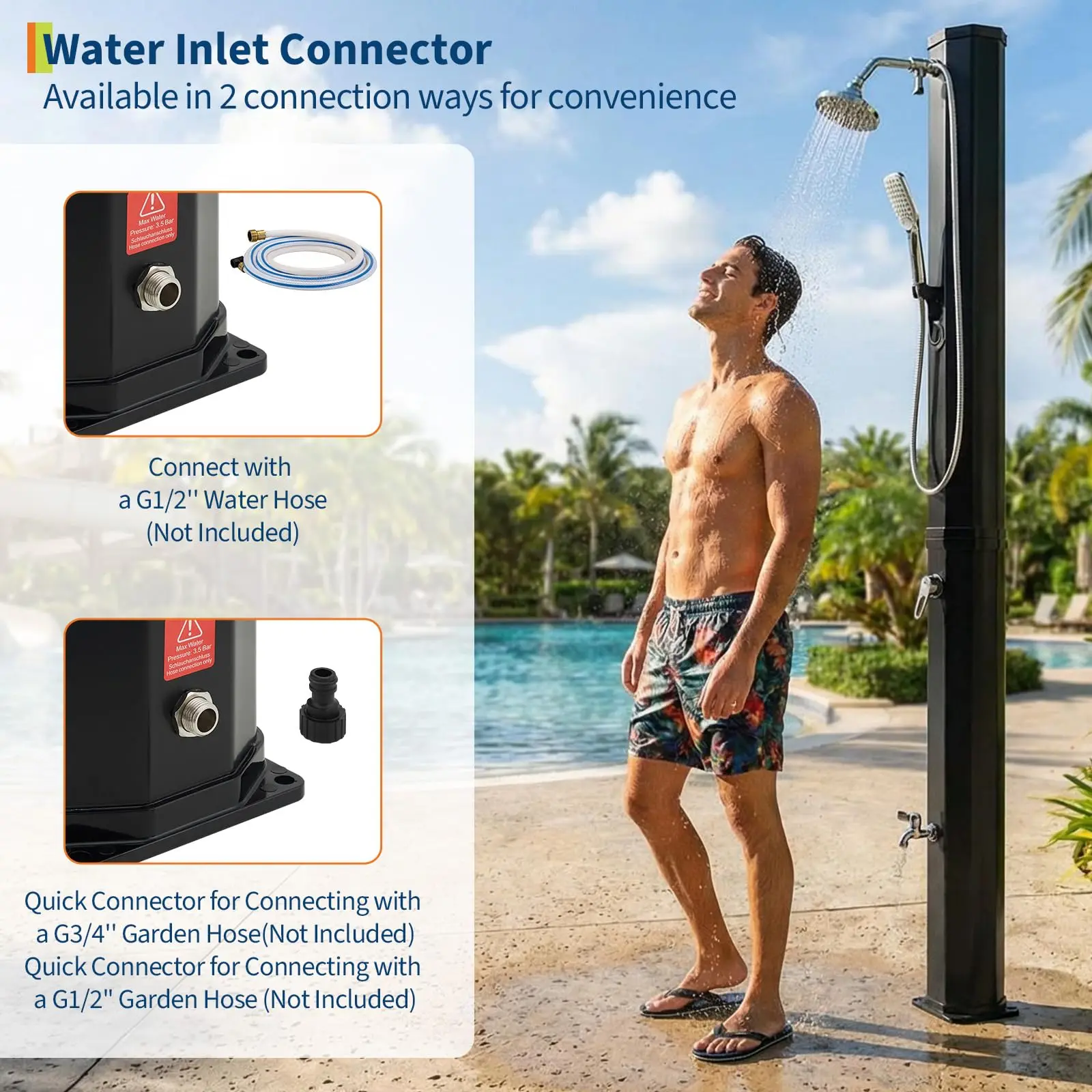 7.2FT Solar Pool Shower with Hot & Cold Water, 9.3-Gallon Tank - Image 6