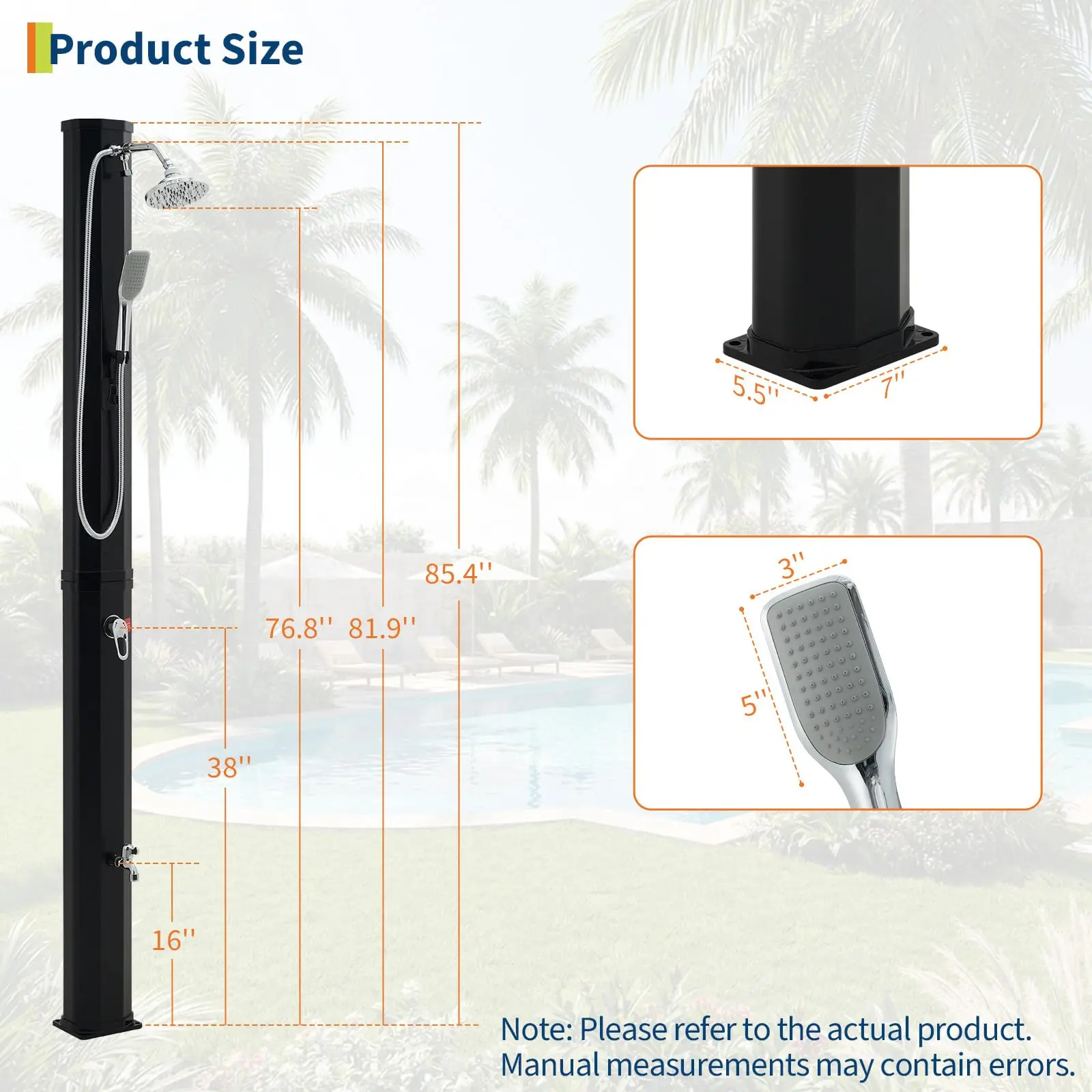 7.2FT Solar Pool Shower with Hot & Cold Water, 9.3-Gallon Tank - Image 4