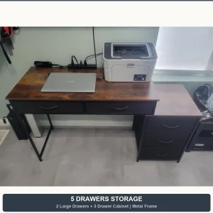 53" Rustic Brown Computer Desk with 5 Drawers & Storage Shelf - Thumbnail Image 2