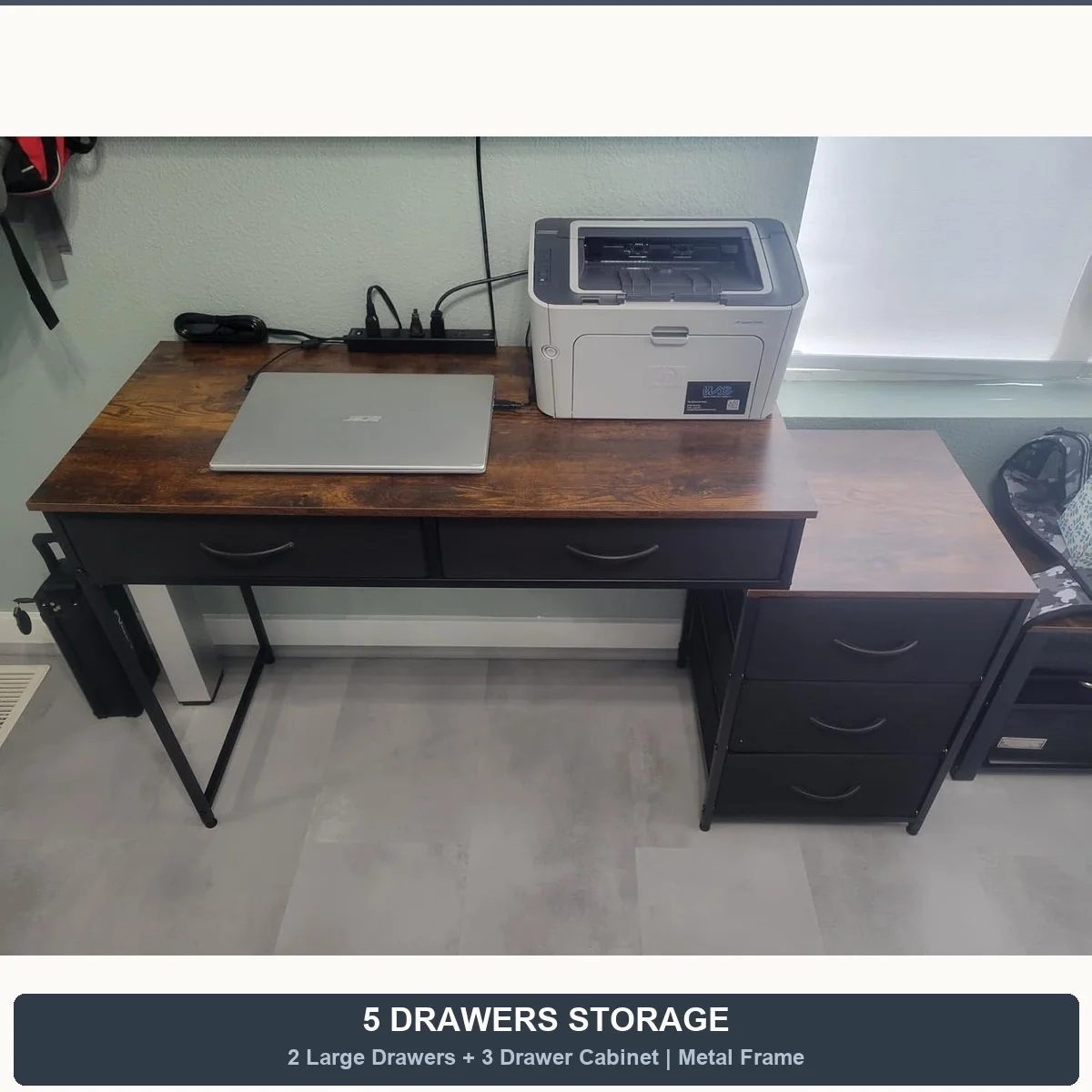 53" Rustic Brown Computer Desk with 5 Drawers & Storage Shelf - Image 2