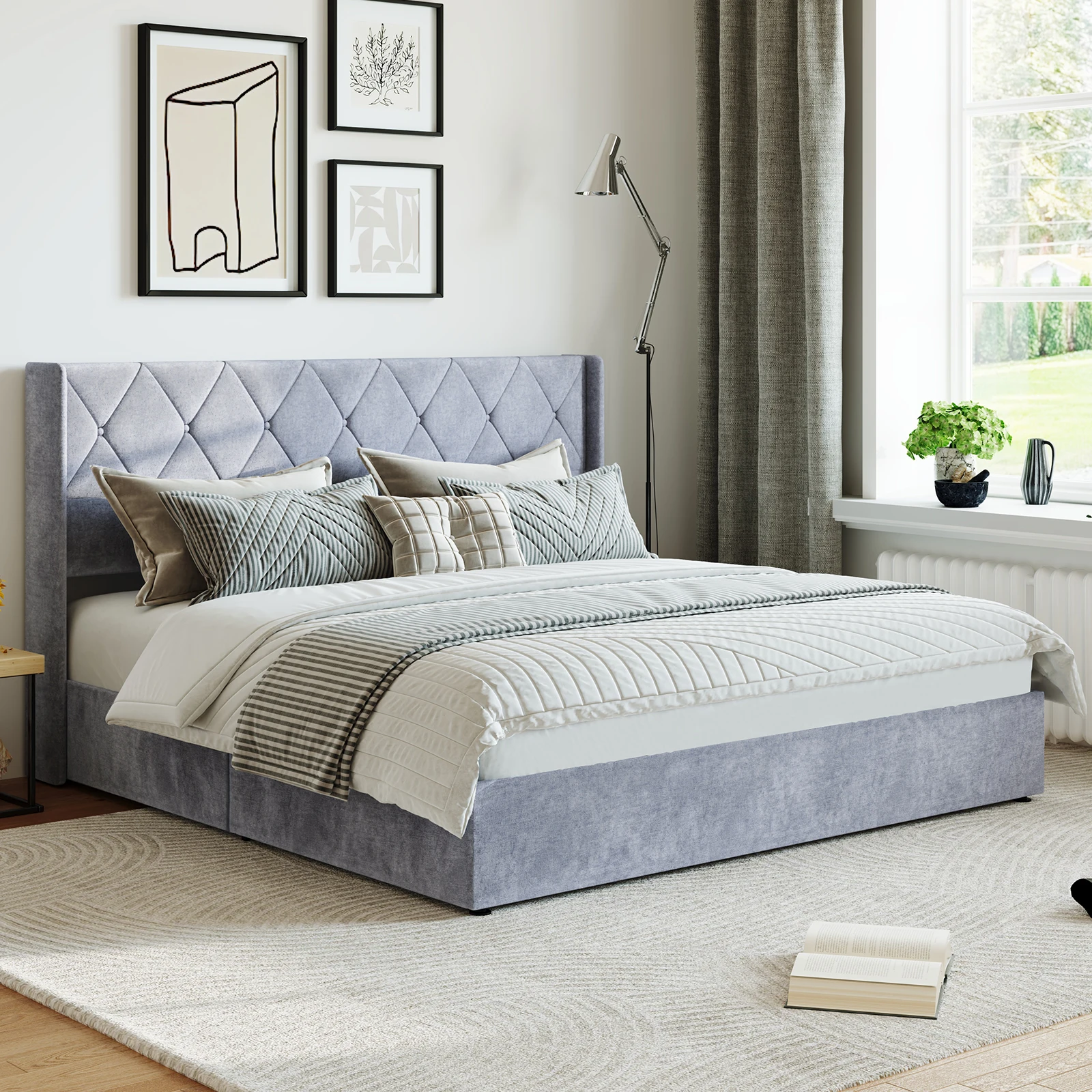 JHK Modern Upholstered Lift-Up Storage Bed with Wingback Headboard - Image 2