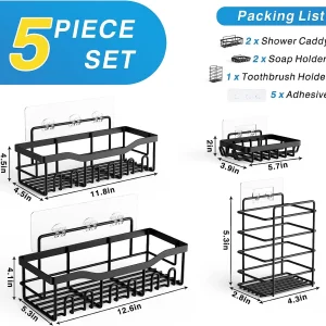 5-Piece Black Rustproof Shower Organizer, No Drilling - Thumbnail Image 4
