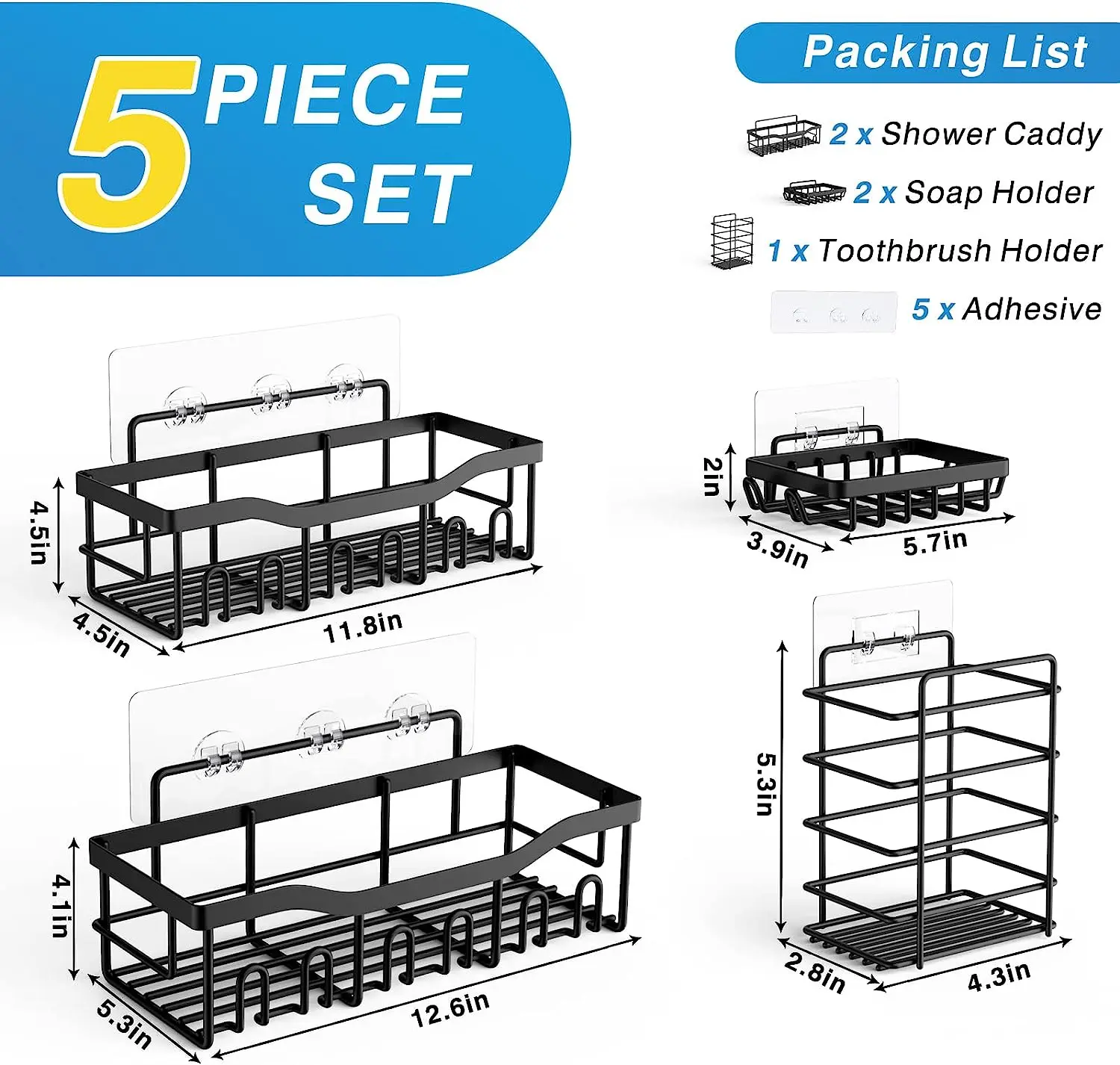 5-Piece Black Rustproof Shower Organizer, No Drilling - Image 4