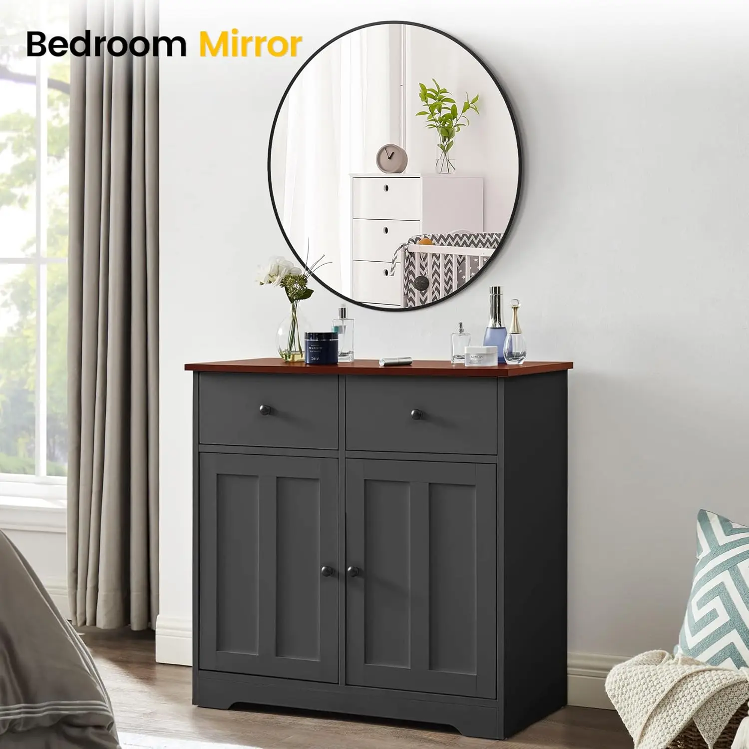 Luxury Round Wall Mirror with Black & Gold Frame for Any Room - Image 7