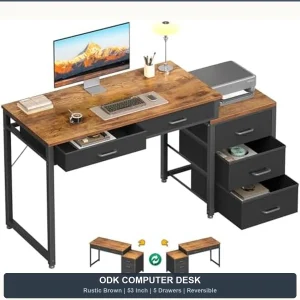 53" Rustic Brown Computer Desk with 5 Drawers & Storage Shelf