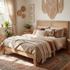 Queen Rattan Bed Frame with LED Lights & Boho Storage - Thumbnail Image 2
