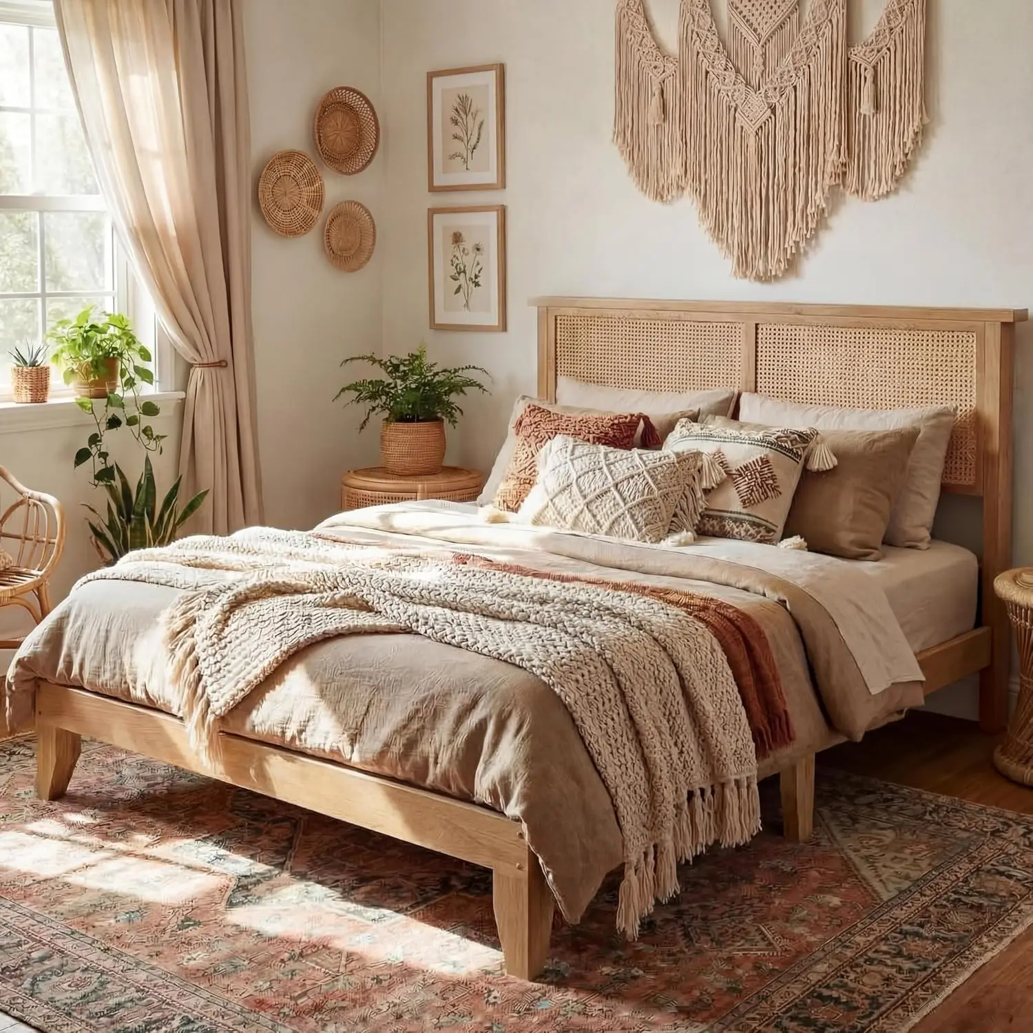 Queen Rattan Bed Frame with LED Lights & Boho Storage - Image 2
