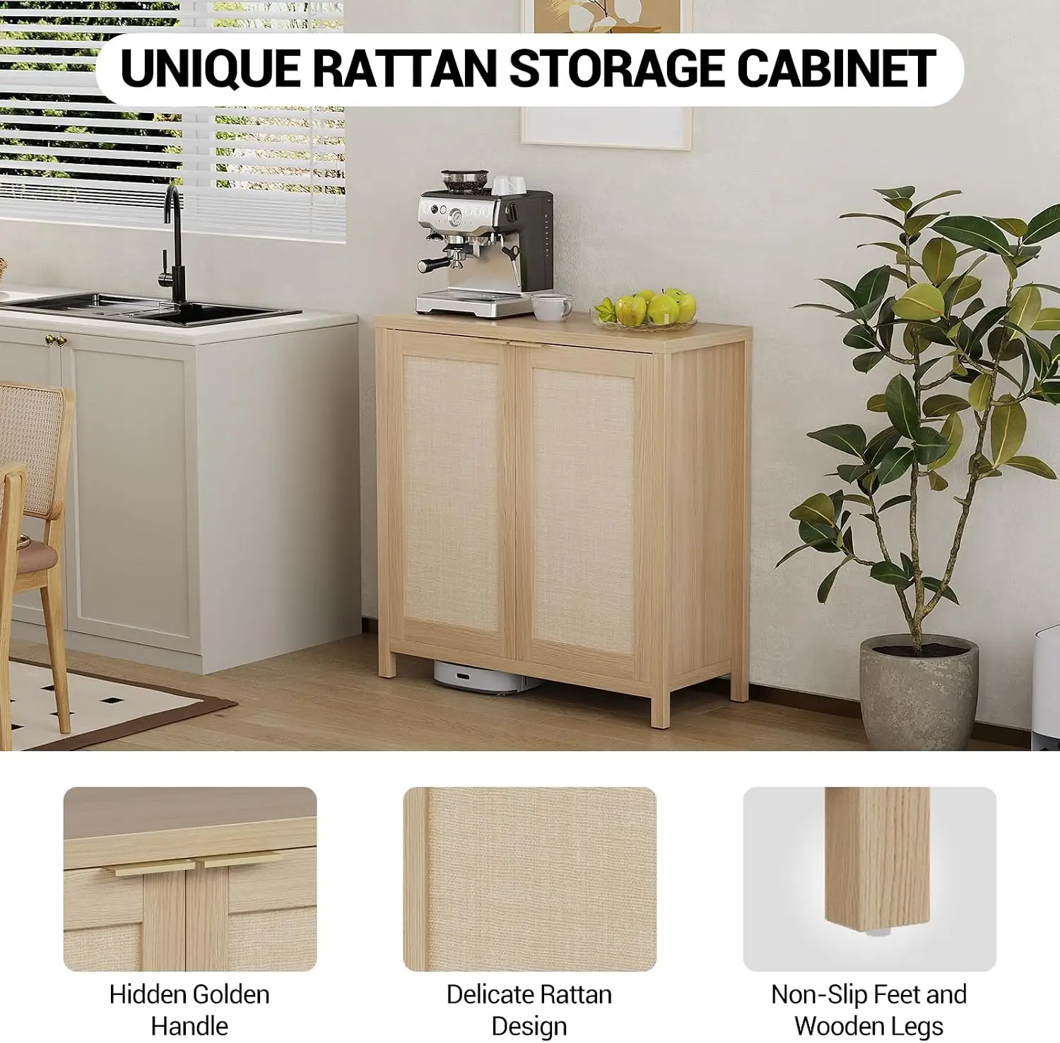Garvee Glamorous Rattan Sideboard Cabinet with Adjustable Shelves - Image 5