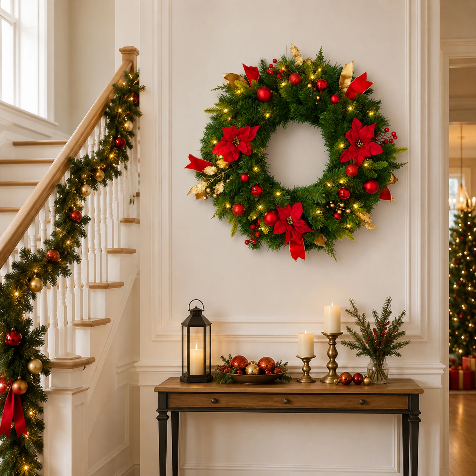 24" Lighted Christmas Wreath with Timer & Festive Décor - Image 5