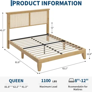 Queen Rattan Bed Frame with LED Lights & Boho Storage