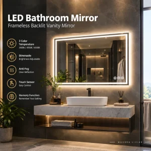 LUVODI LED Vanity Mirror – Dimmable, Anti-Fog & 3-Color Light - Thumbnail Image 1