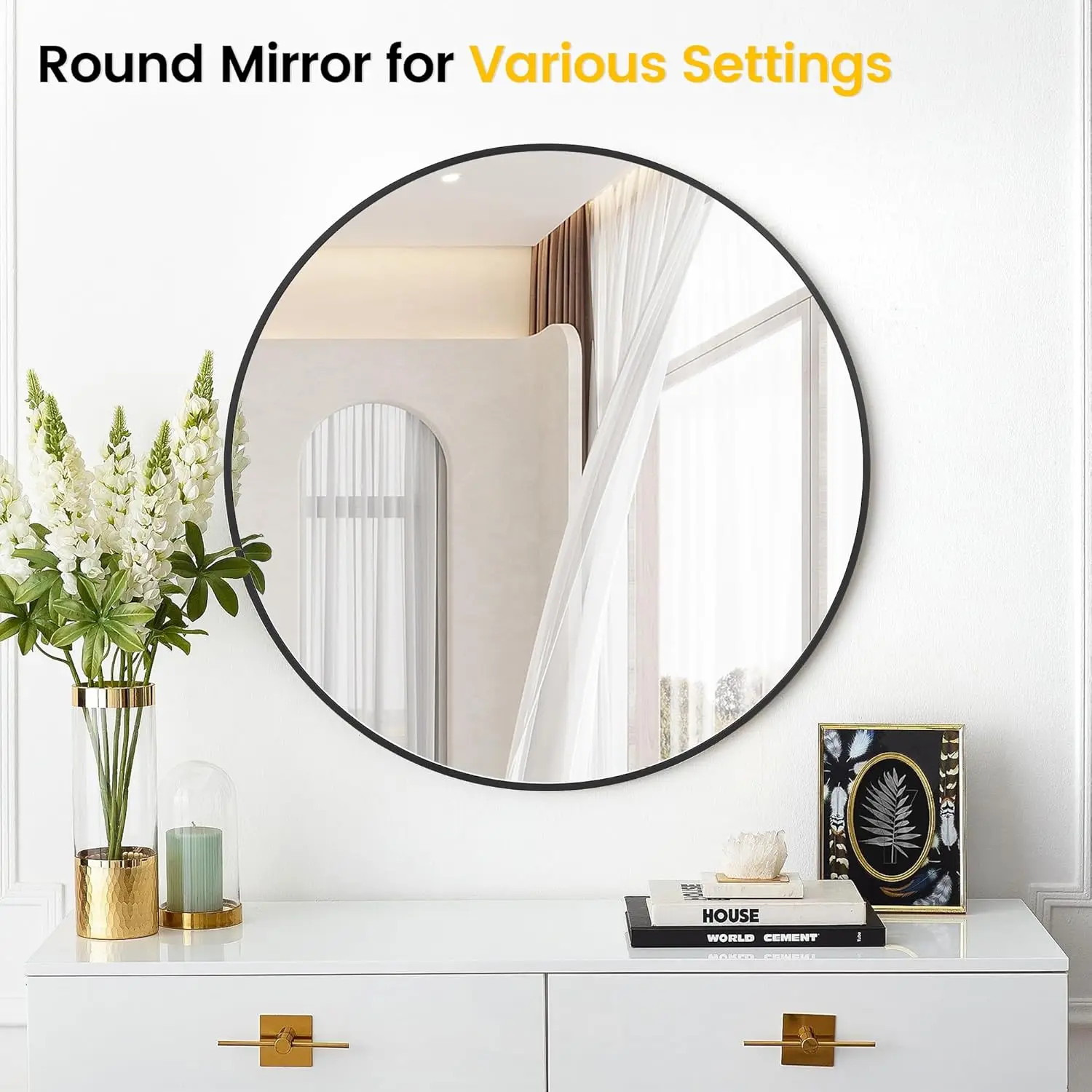 Luxury Round Wall Mirror with Black & Gold Frame for Any Room - Image 4