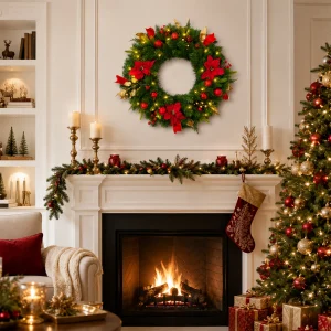 24" Lighted Christmas Wreath with Timer & Festive Décor - Thumbnail Image 6