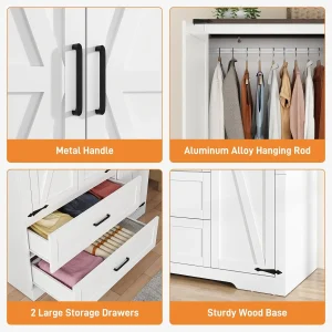 Farmhouse 3-Door Wardrobe with 2 Drawers & Spacious Storage - Thumbnail Image 3