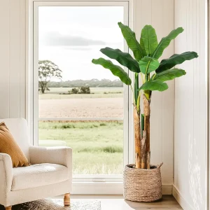 5–6FT Lifelike Artificial Banana Tree in Stylish Gray Planter - Thumbnail Image 2