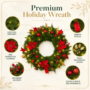 24" Lighted Christmas Wreath with Timer & Festive Décor - Thumbnail Image 4