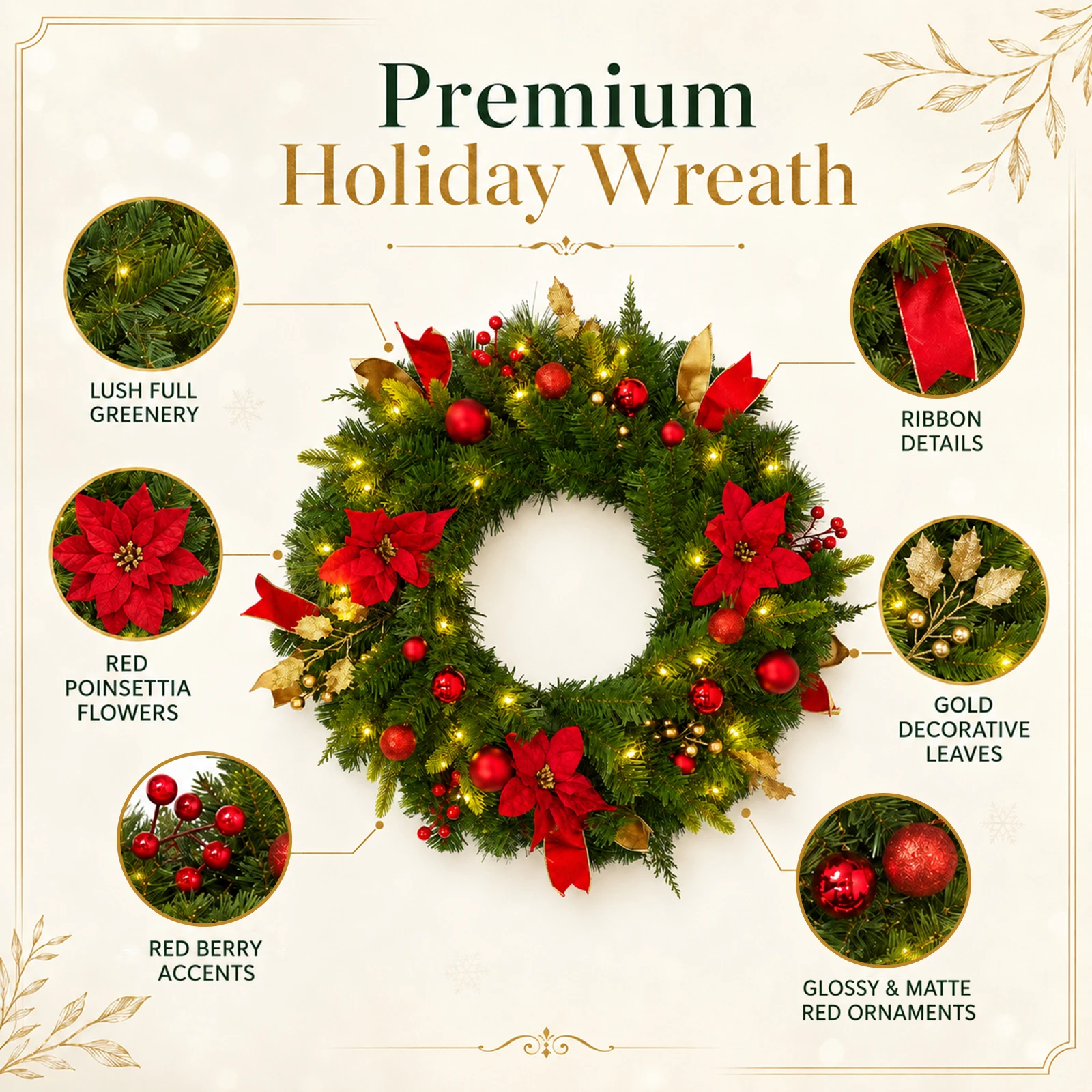 24" Lighted Christmas Wreath with Timer & Festive Décor - Image 4