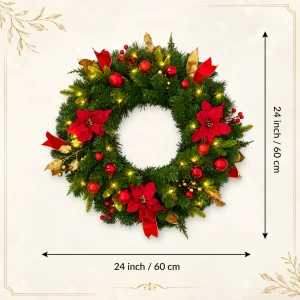 24" Lighted Christmas Wreath with Timer & Festive Décor - Thumbnail Image 3