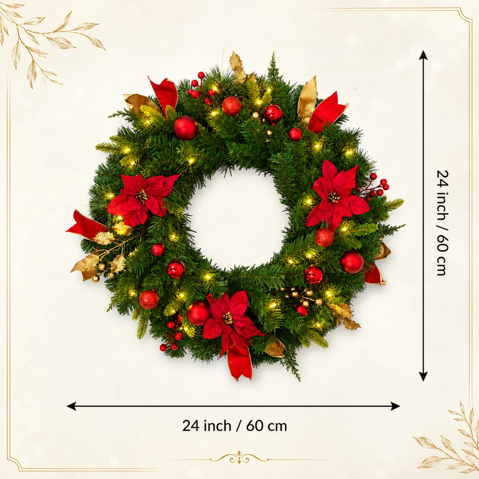 24" Lighted Christmas Wreath with Timer & Festive Décor - Image 3