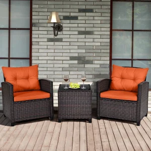3-Piece Orange Rattan Patio Sofa Set with Plush Cushions