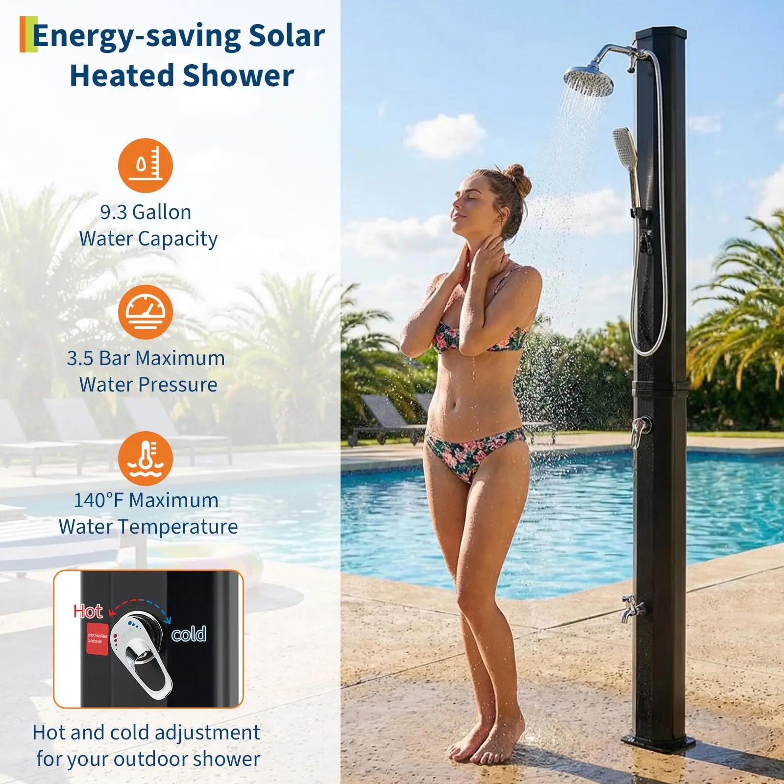 7.2FT Solar Pool Shower with Hot & Cold Water, 9.3-Gallon Tank - Image 5