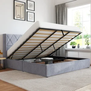 JHK Modern Upholstered Lift-Up Storage Bed with Wingback Headboard