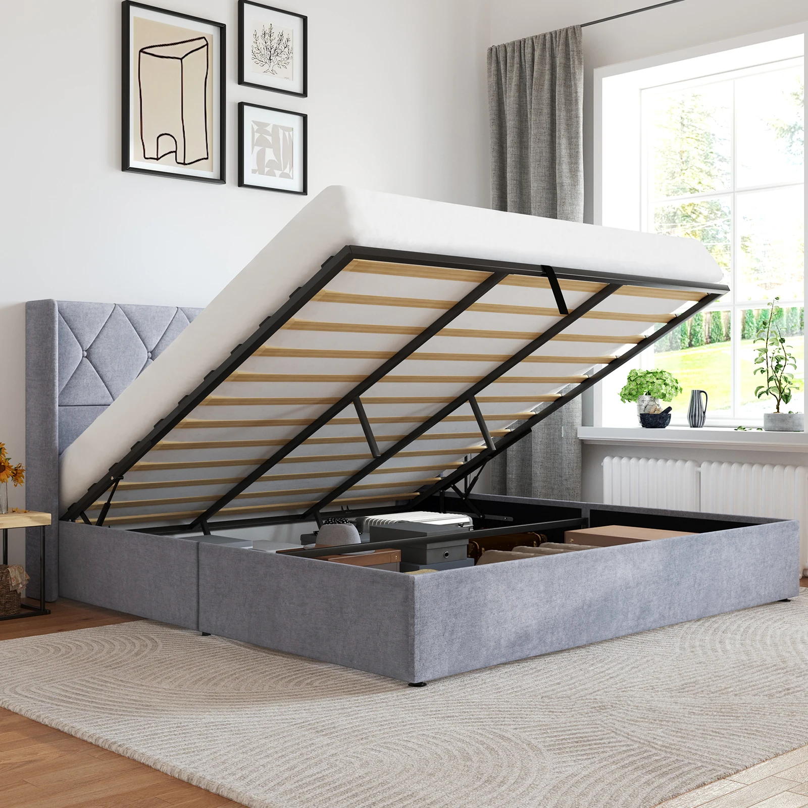 JHK Modern Upholstered Lift-Up Storage Bed with Wingback Headboard - Image 1