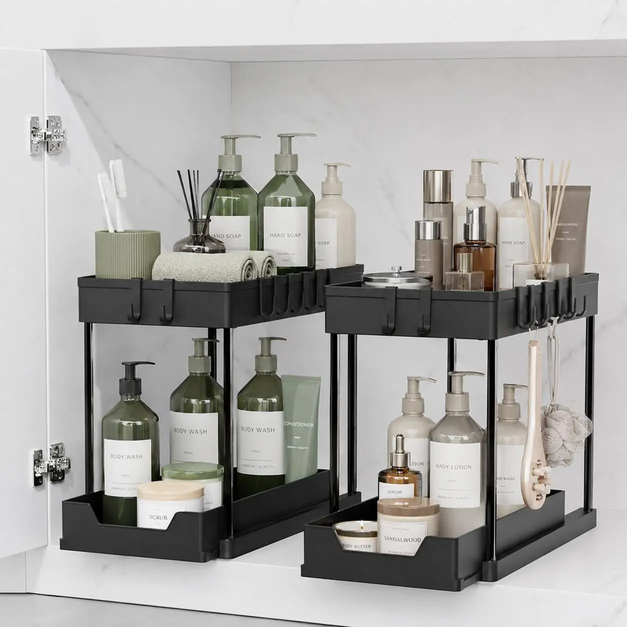 Sliding Under Sink Organizer with Hooks & Baskets - Image 1