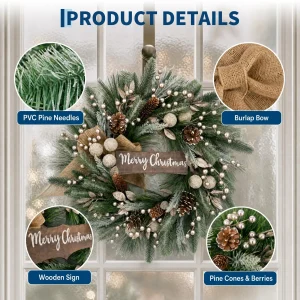 24" Festive Christmas Wreath with Rustic Holiday Charm - Thumbnail Image 4