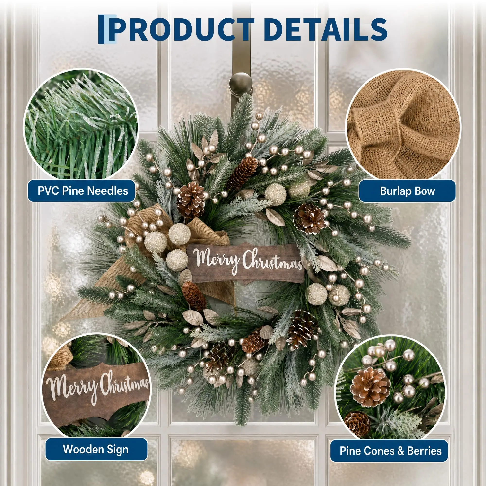 24" Festive Christmas Wreath with Rustic Holiday Charm - Image 4