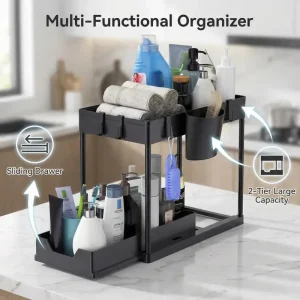 Sliding Under Sink Organizer with Hooks & Baskets - Thumbnail Image 3