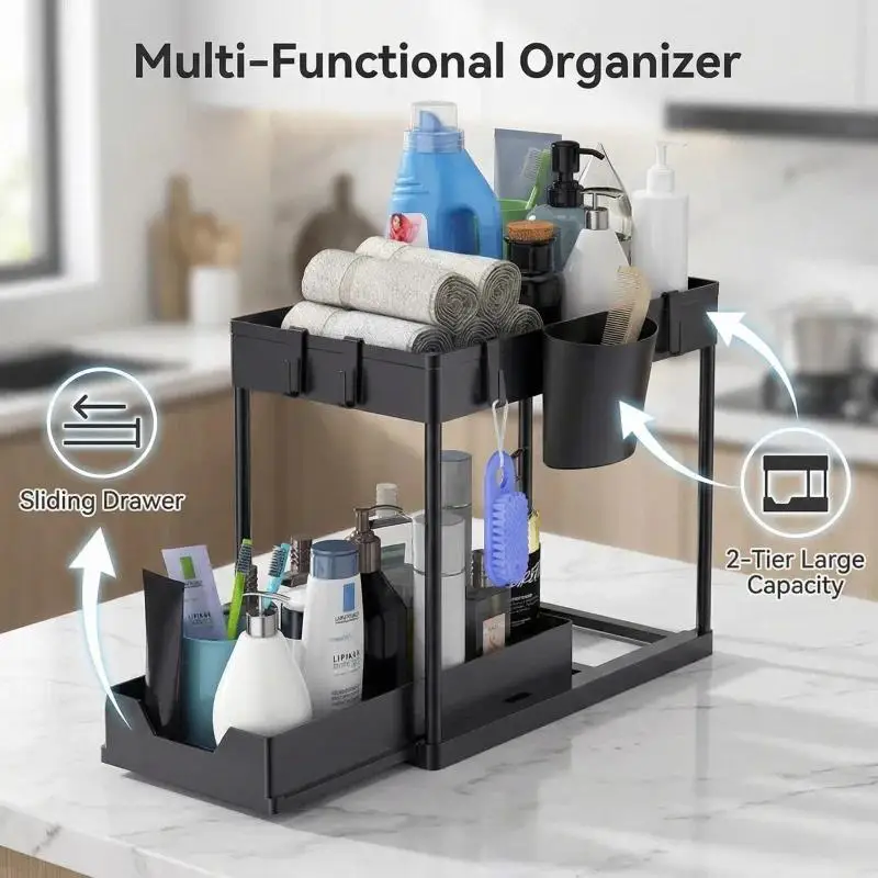 Sliding Under Sink Organizer with Hooks & Baskets - Image 3