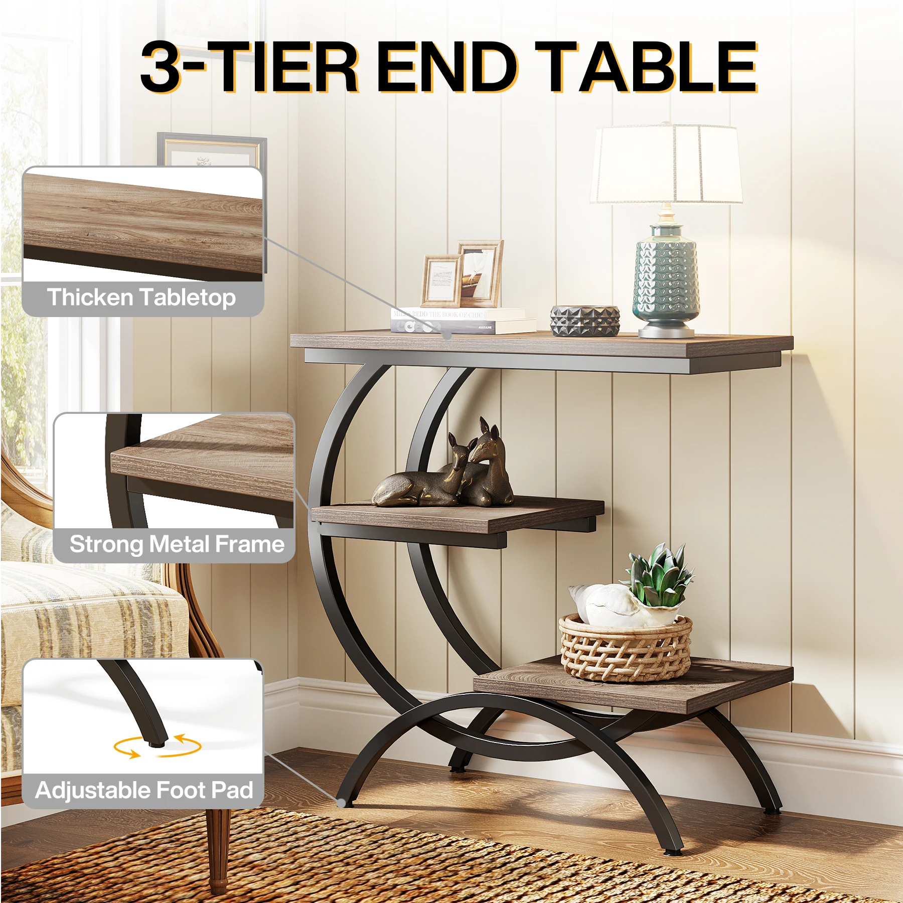 Tribesigns C-Shaped 3-Tier Industrial End Table with Storage - Image 12