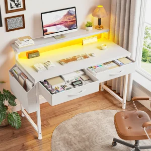 EnHomee RGB LED Computer Desk with 2 Drawers & Monitor Stand