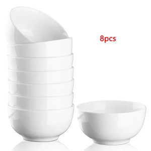 8-Piece Premium White Porcelain Bowls, 10 oz Each