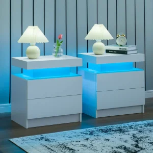 Cubehom Set of 2 LED Nightstands with 2 Storage Drawers