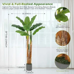 5–6FT Lifelike Artificial Banana Tree in Stylish Gray Planter - Thumbnail Image 7