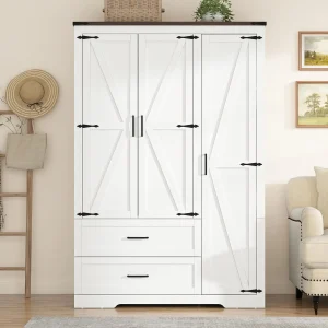 Farmhouse 3-Door Wardrobe with 2 Drawers & Spacious Storage - Thumbnail Image 2