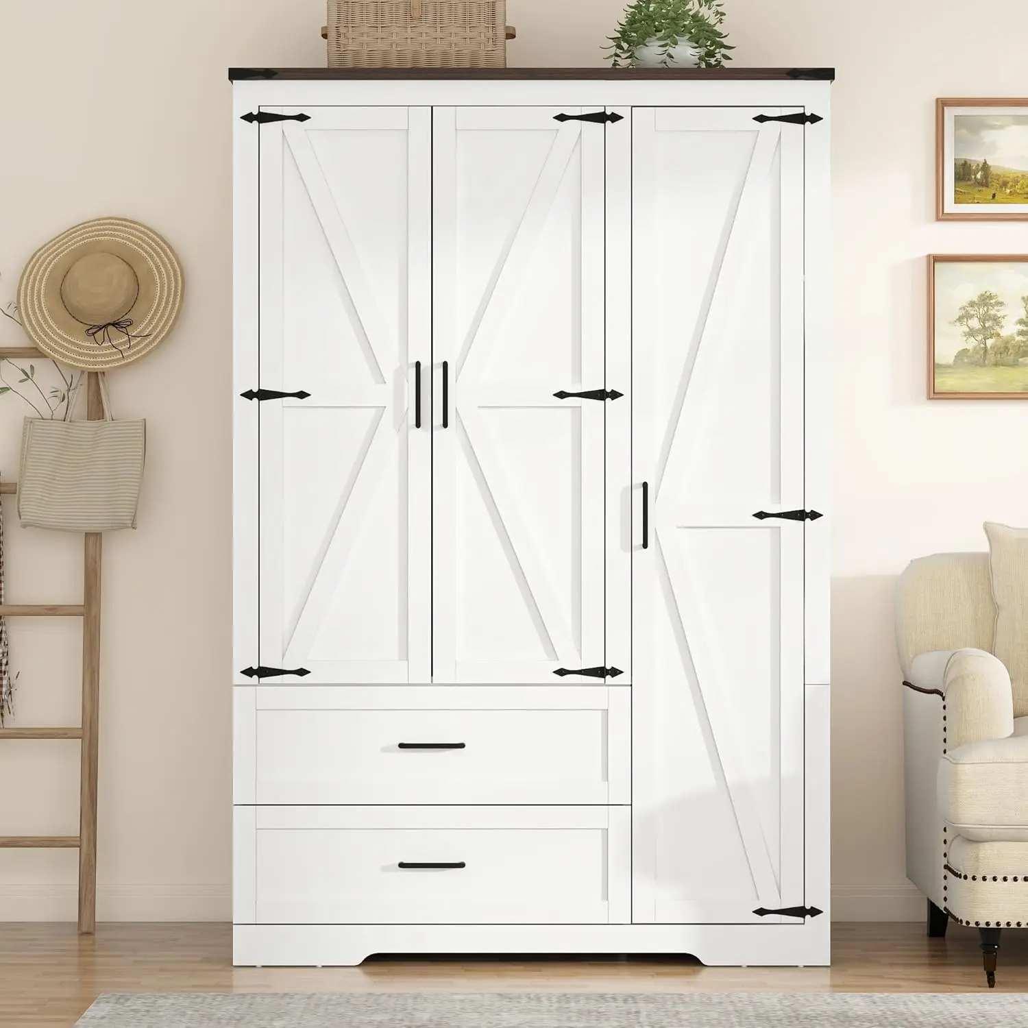 Farmhouse 3-Door Wardrobe with 2 Drawers & Spacious Storage - Image 2