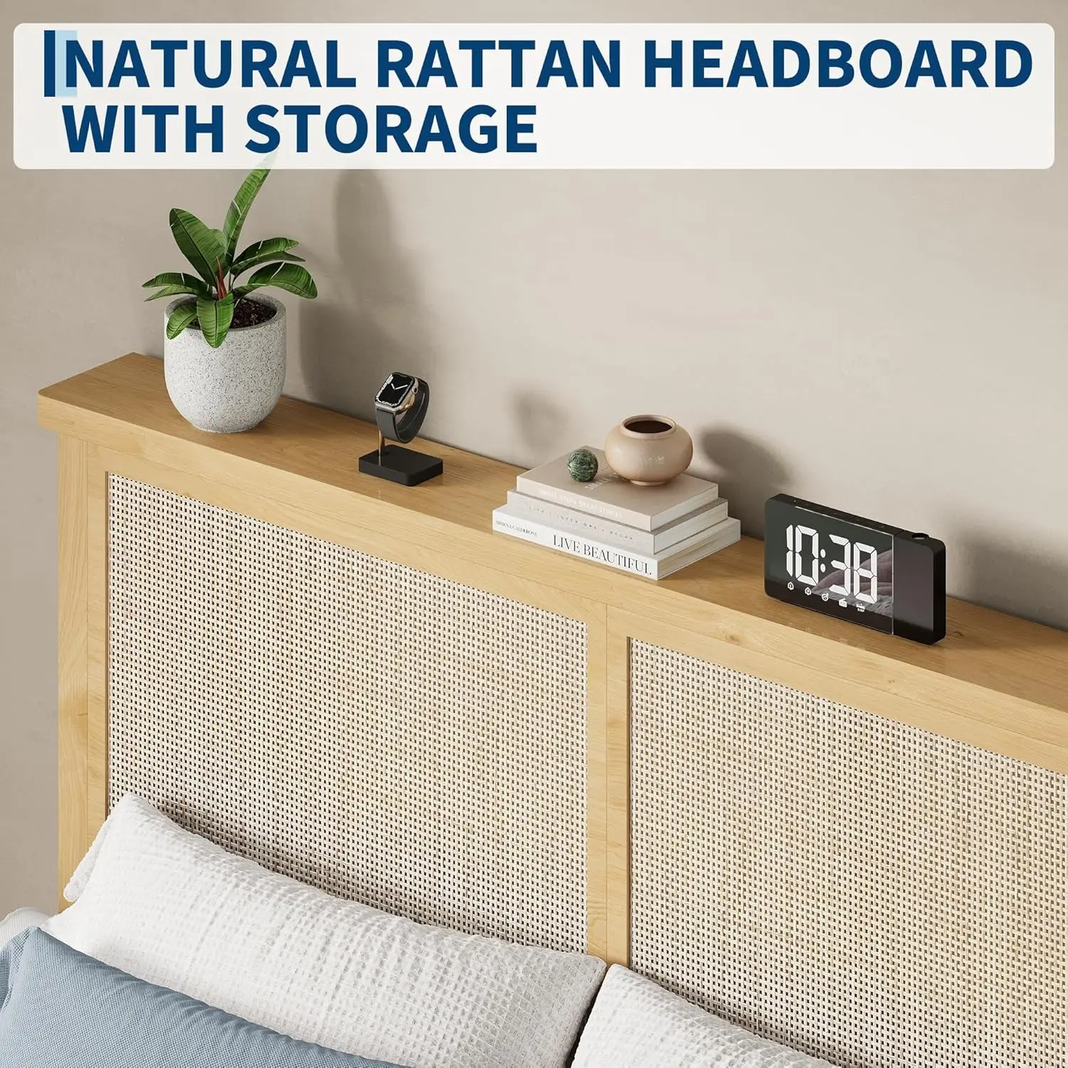 Queen Rattan Bed Frame with LED Lights & Boho Storage - Image 3