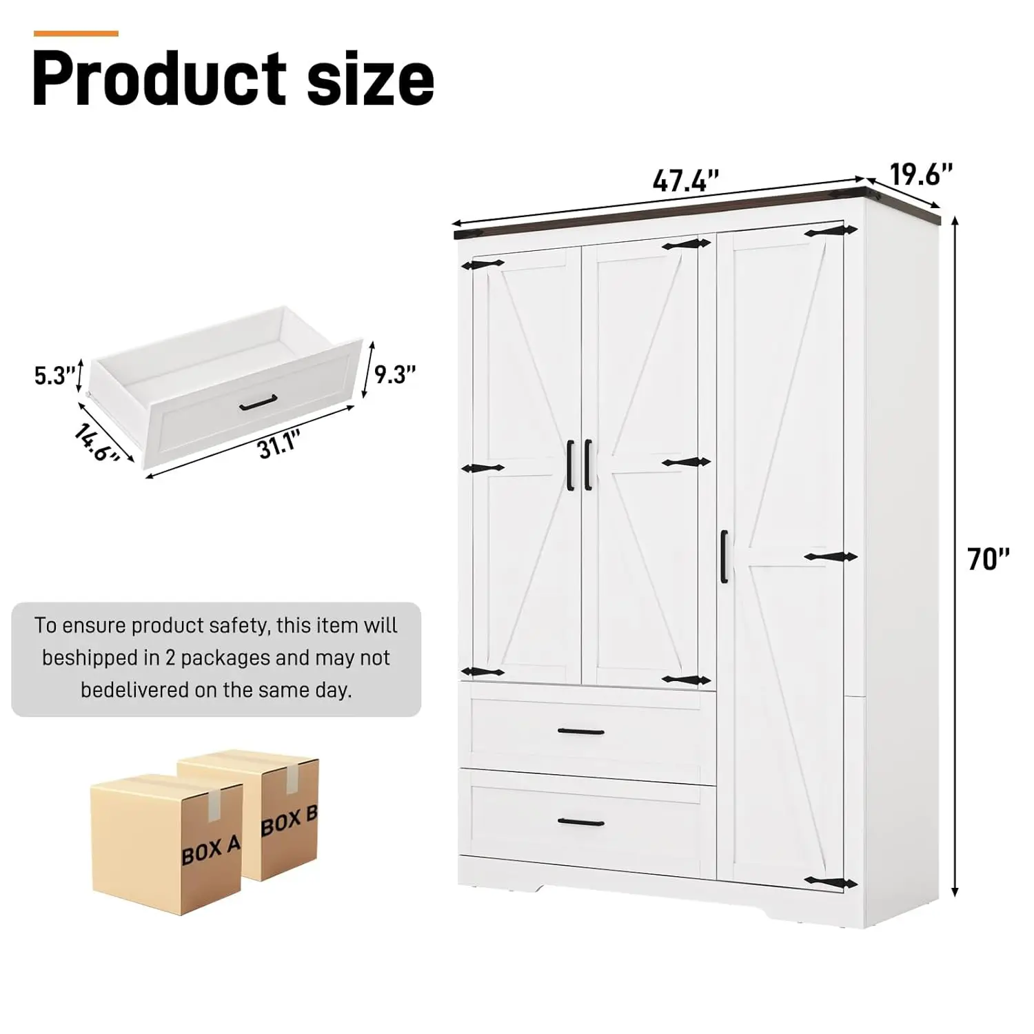 Farmhouse 3-Door Wardrobe with 2 Drawers & Spacious Storage - Image 6