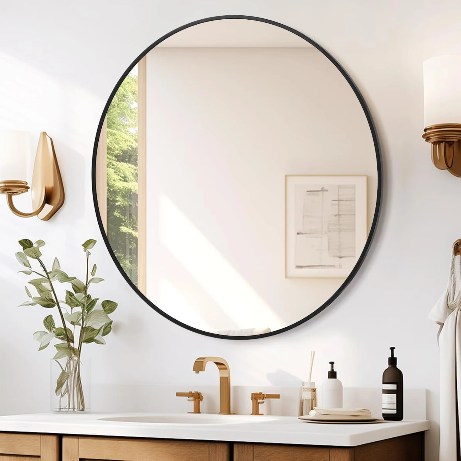 Luxury Round Wall Mirror with Black & Gold Frame for Any Room - Image 2