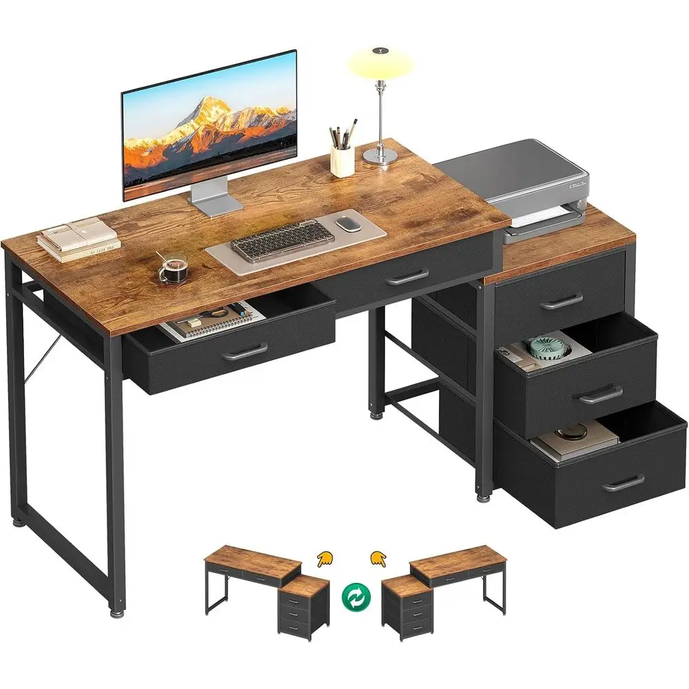 53" Rustic Brown Computer Desk with 5 Drawers & Storage Shelf - Image 5